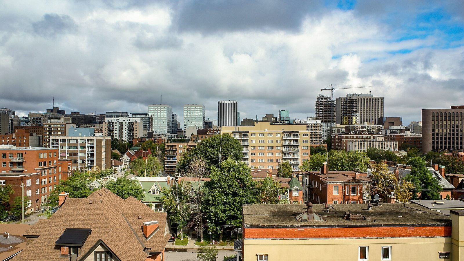 View over Centretown rooftops toward downtown Ottawa's high-rises