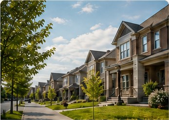 A Barrhaven street of newer two-storey homes with young trees