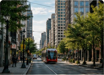 A tram on a downtown Ottawa street lined with towers and street trees