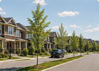 A street of new homes with young trees and open sky