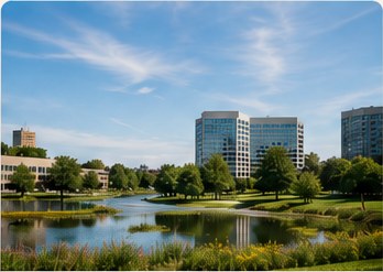 Office buildings beside a landscaped stormwater pond in Kanata
