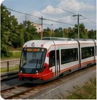 A light rail vehicle on the line through the east end