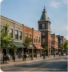 Storefronts and a clock tower on Stittsville Main Street