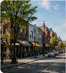 Shops and street trees along Westboro's main street