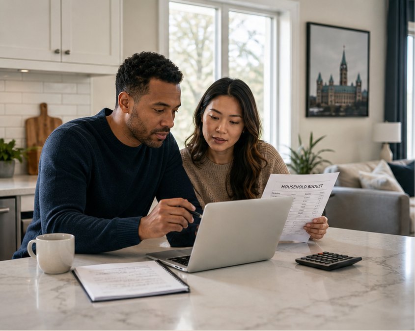 Two people at a kitchen counter going through a household budget on a laptop