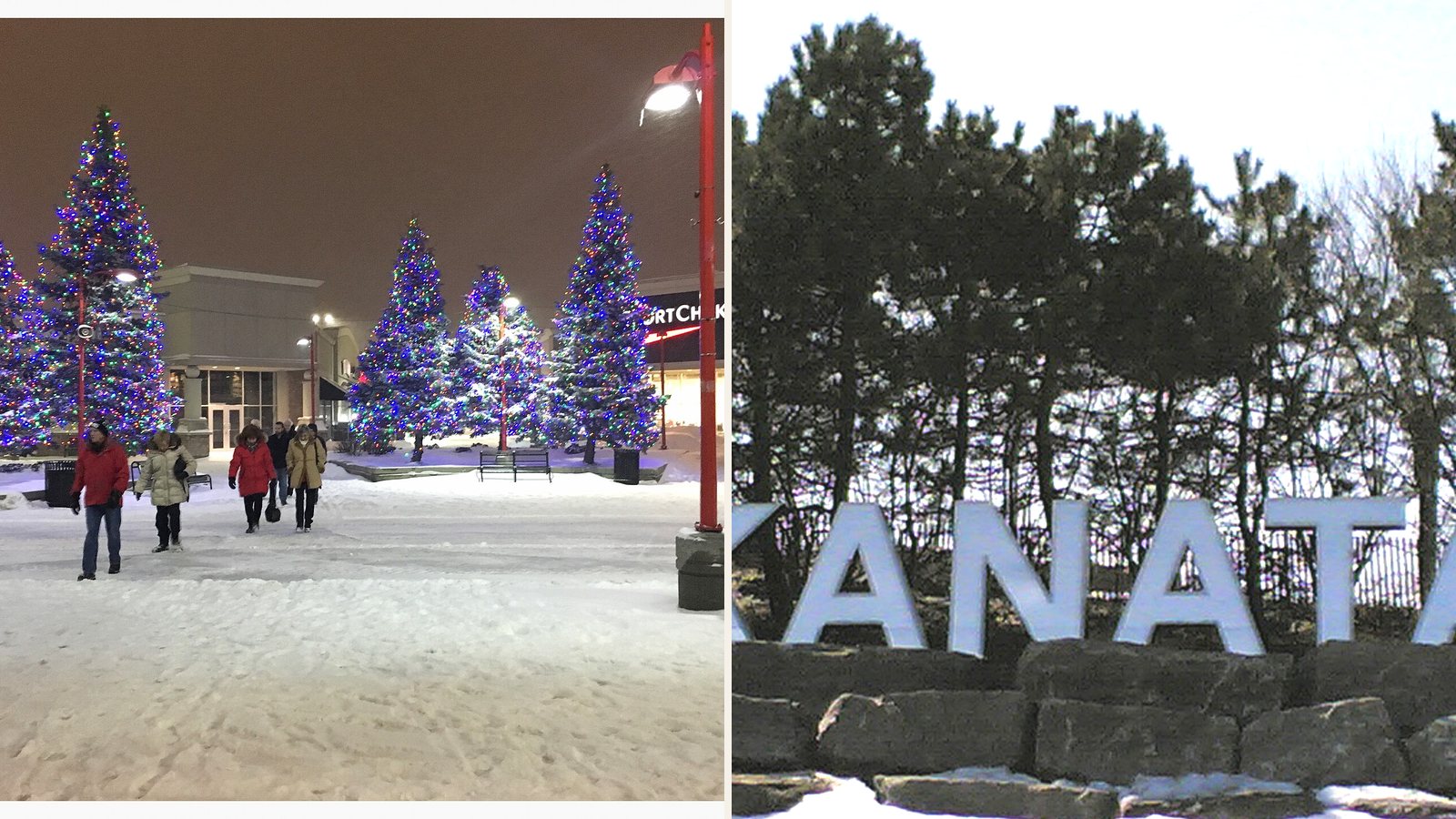 Kanata Centrum shops on a winter evening and the Kanata sign at the Highway 417 interchange