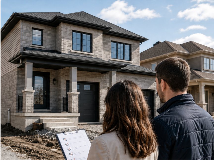 Two buyers holding a checklist outside their part-built home