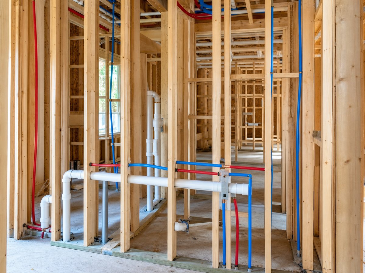 Illustration: water and drain lines running through open stud walls
