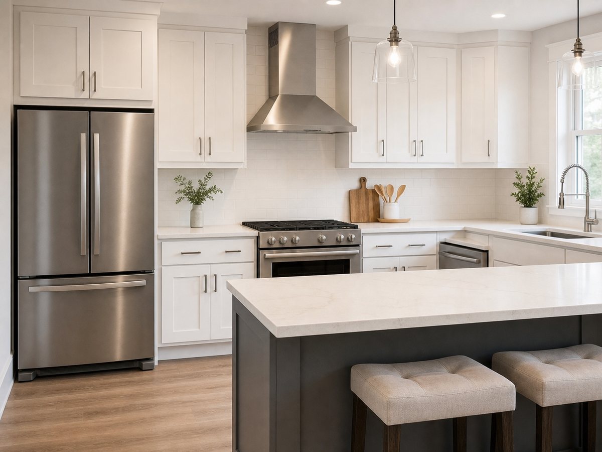 Stainless steel kitchen appliances in a new kitchen