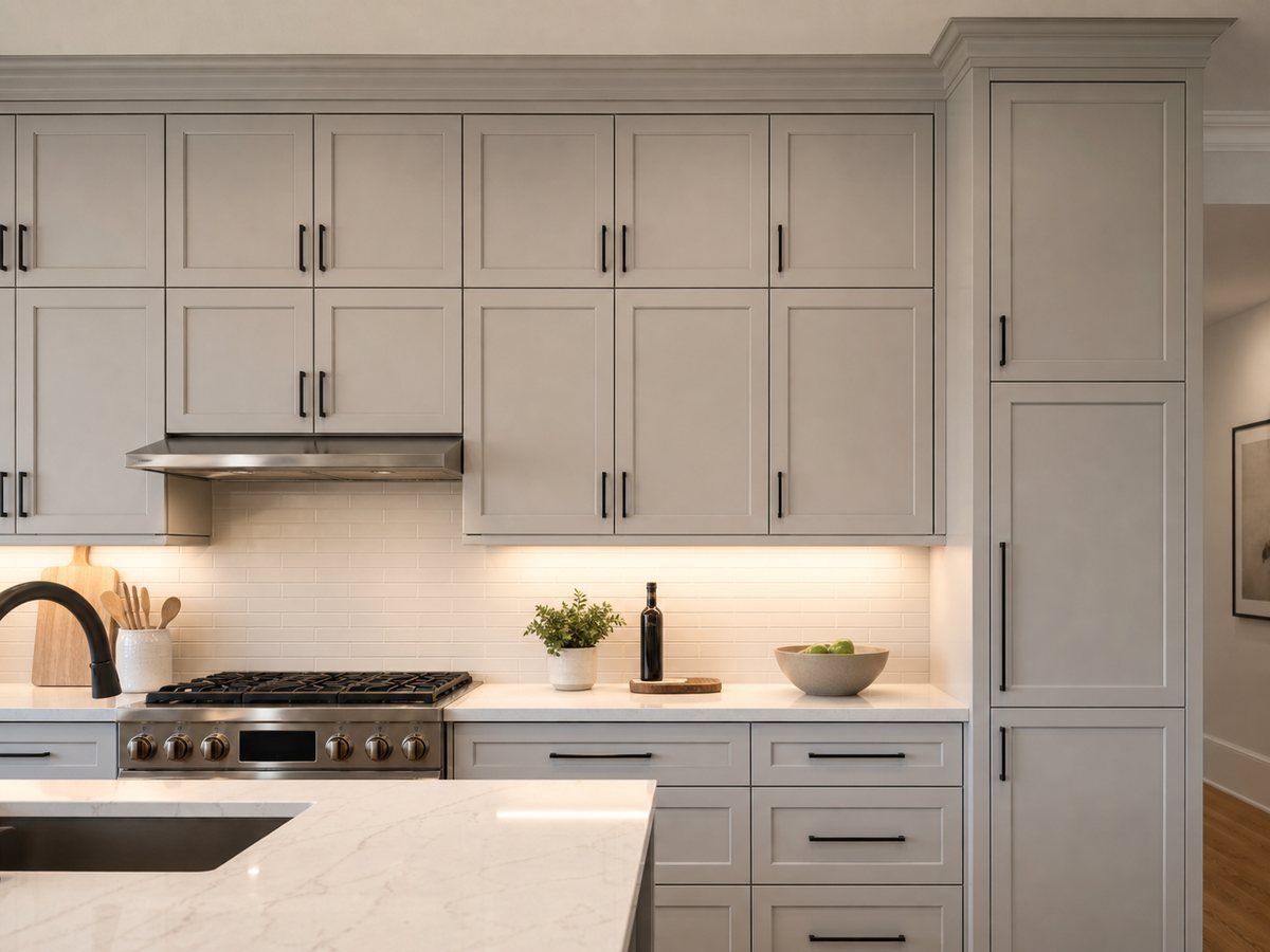 Kitchen cabinets with a countertop and hardware