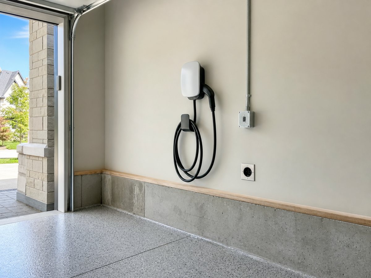 An electric vehicle charger mounted on a garage wall beside a conduit and outlet