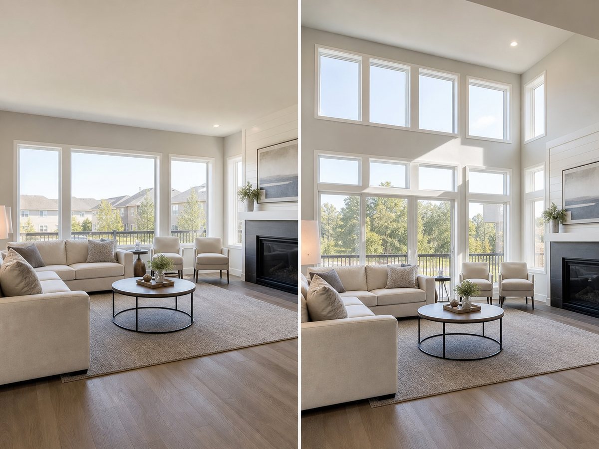 A bright room with large windows along one wall