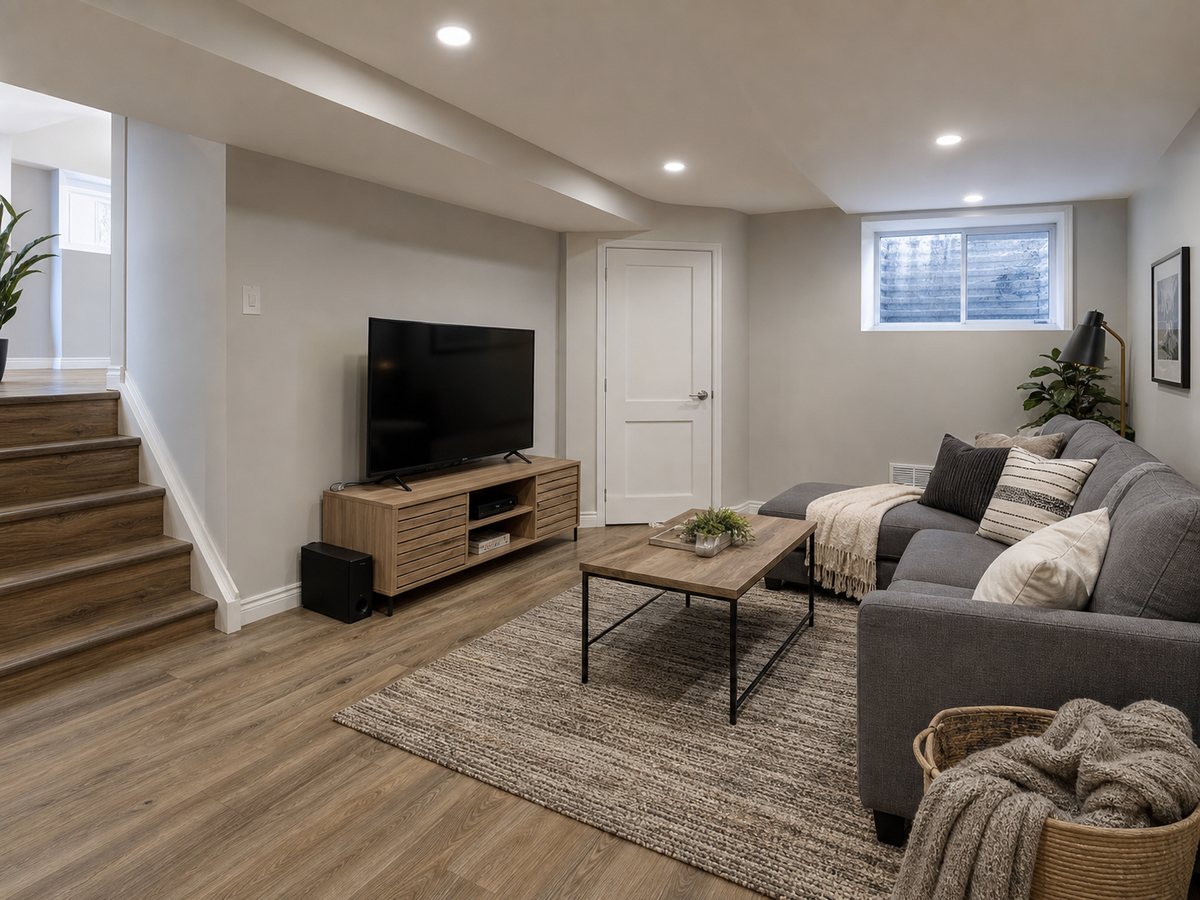 A finished basement living space with light walls and flooring
