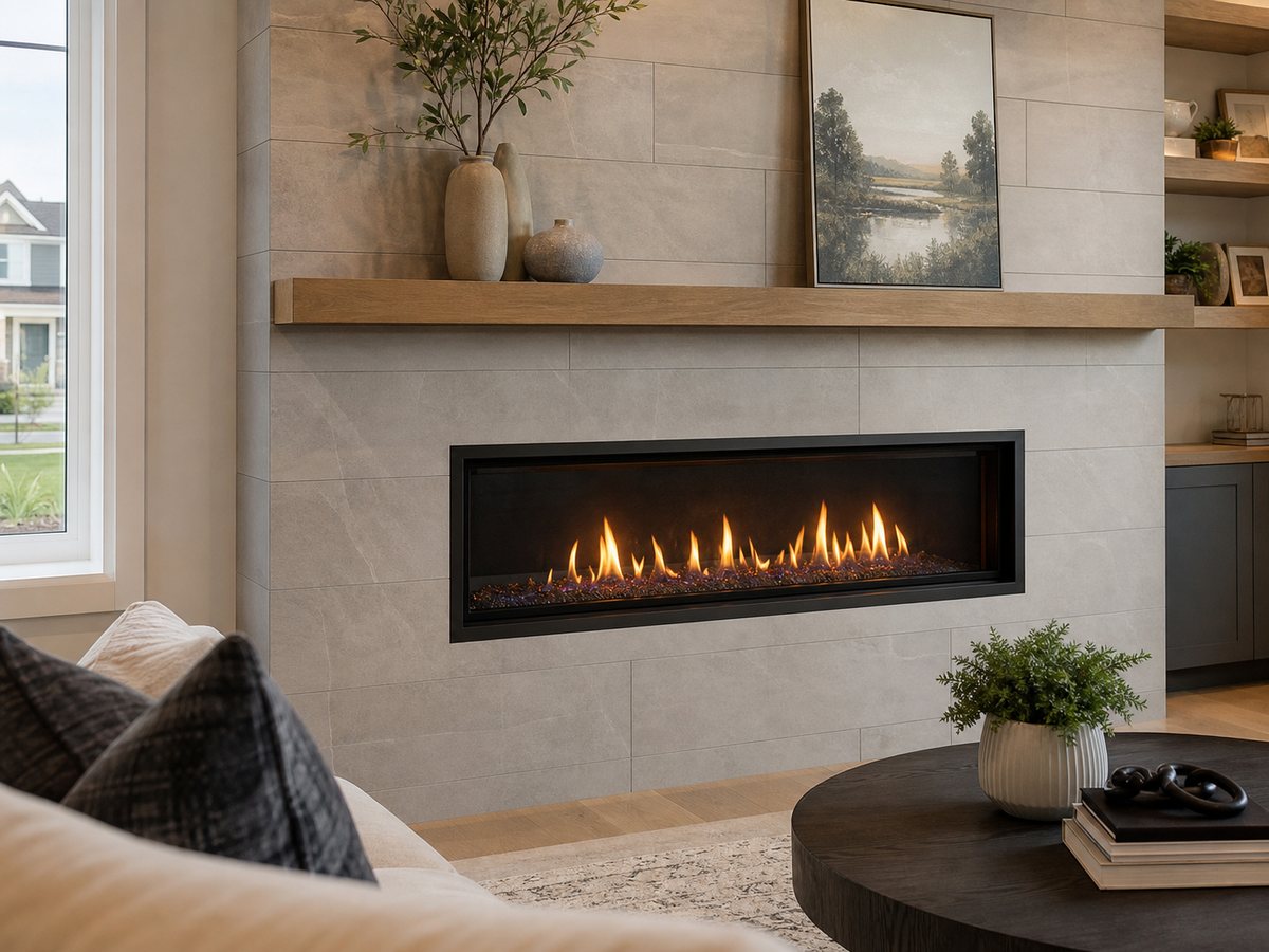 A wall-mounted fireplace in a living room
