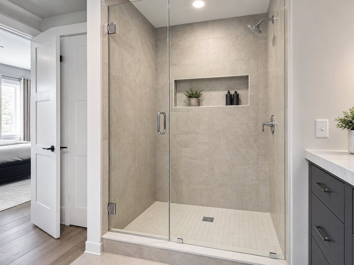 A glass-enclosed shower with tiled walls