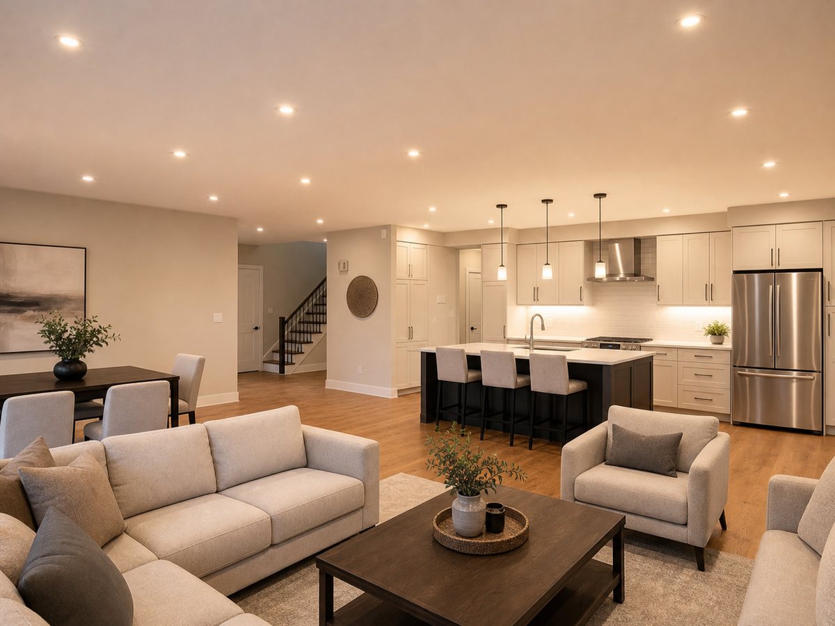 Recessed ceiling lights in a modern room
