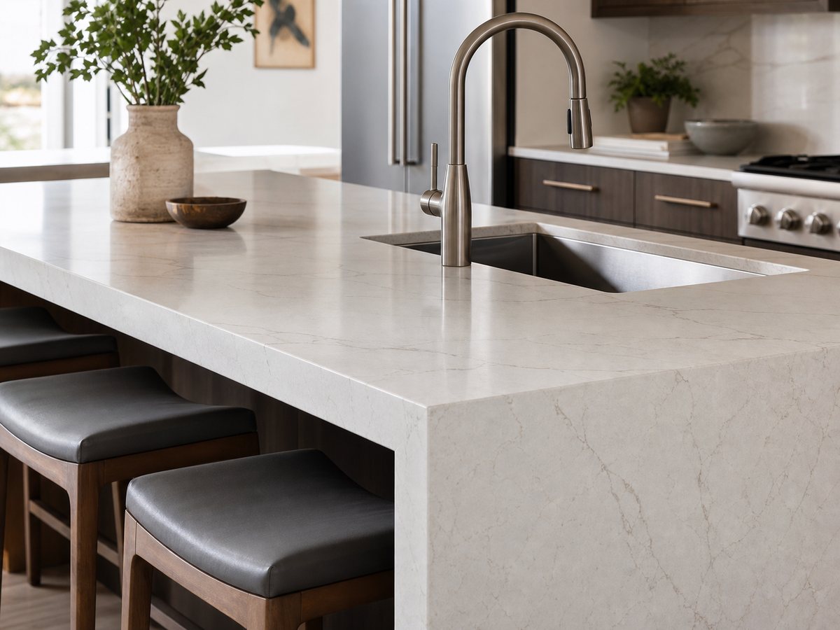 A quartz kitchen island countertop with an undermount sink