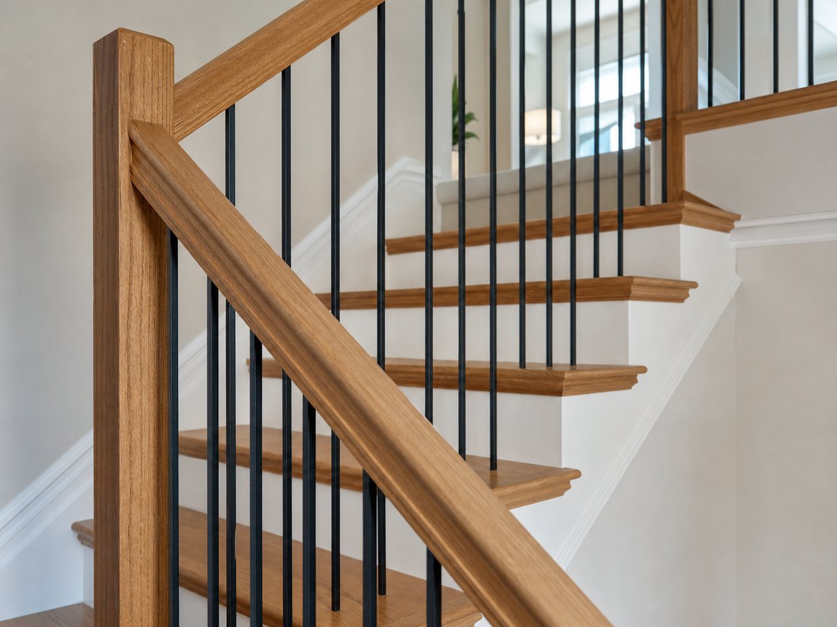 A wooden staircase with metal spindles and a wooden handrail