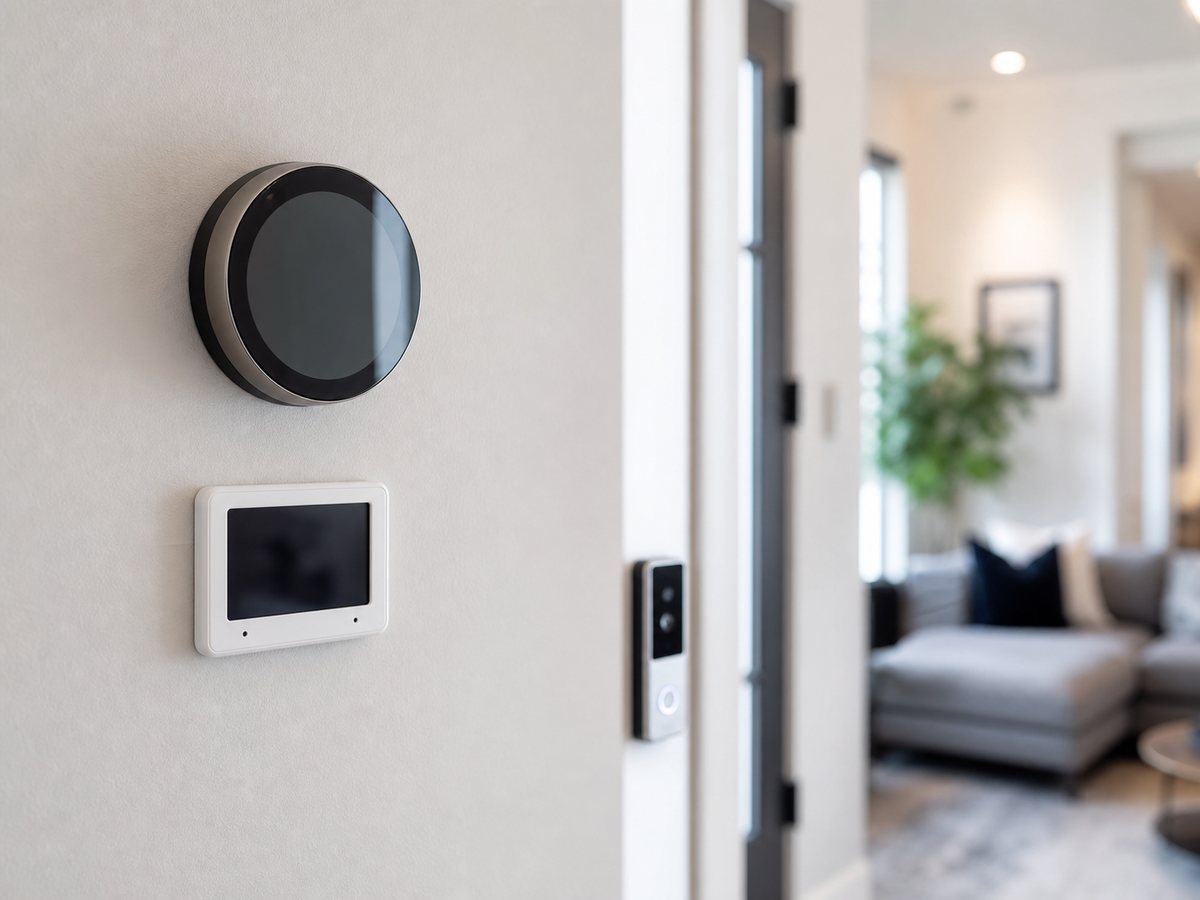 A wall-mounted smart thermostat and control panel beside a front door