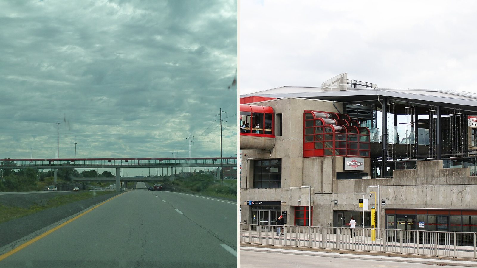 Pedestrian overpass over Highway 174 near Place d'Orléans and a Transitway station in east Ottawa