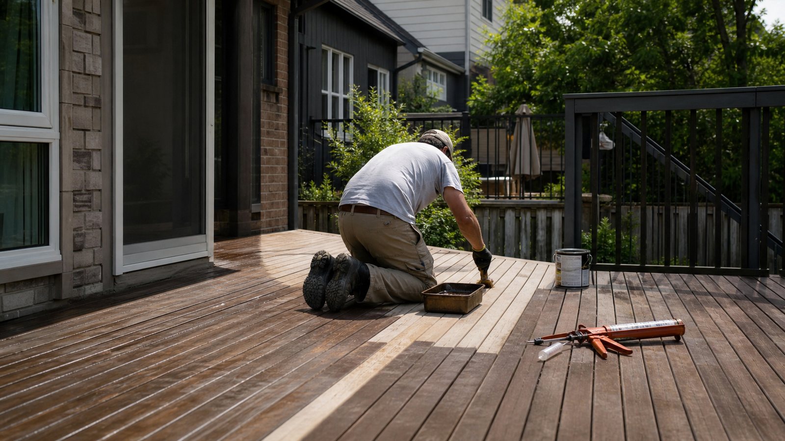 Staining a wooden deck at an Ottawa home in summer