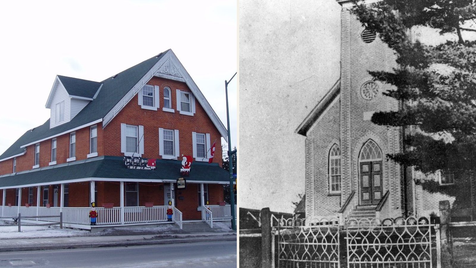 Historic red-brick building on Stittsville Main Street and an archival photo of Stittsville United Church