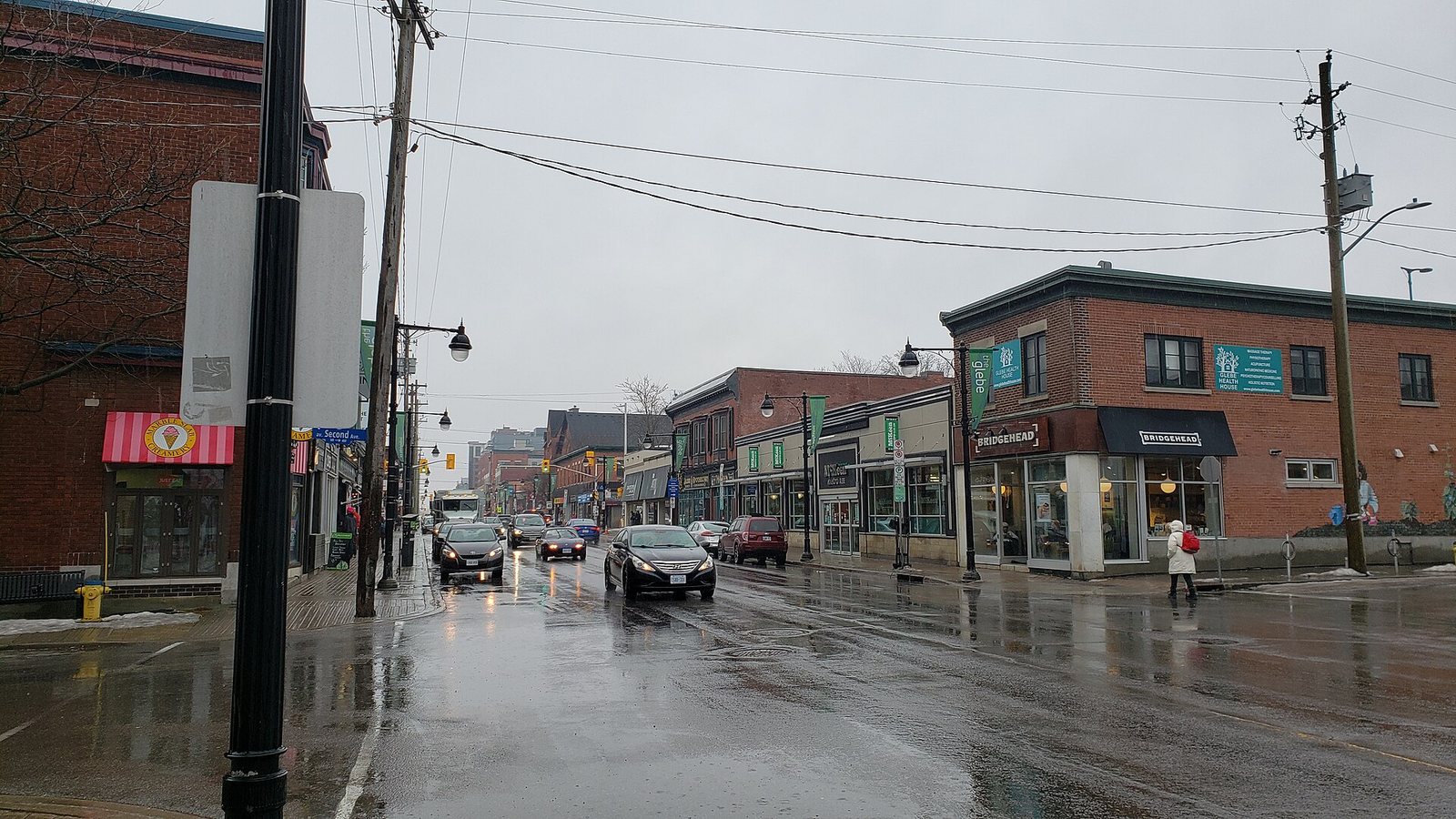 Shops along Bank Street in the Glebe on a rainy day