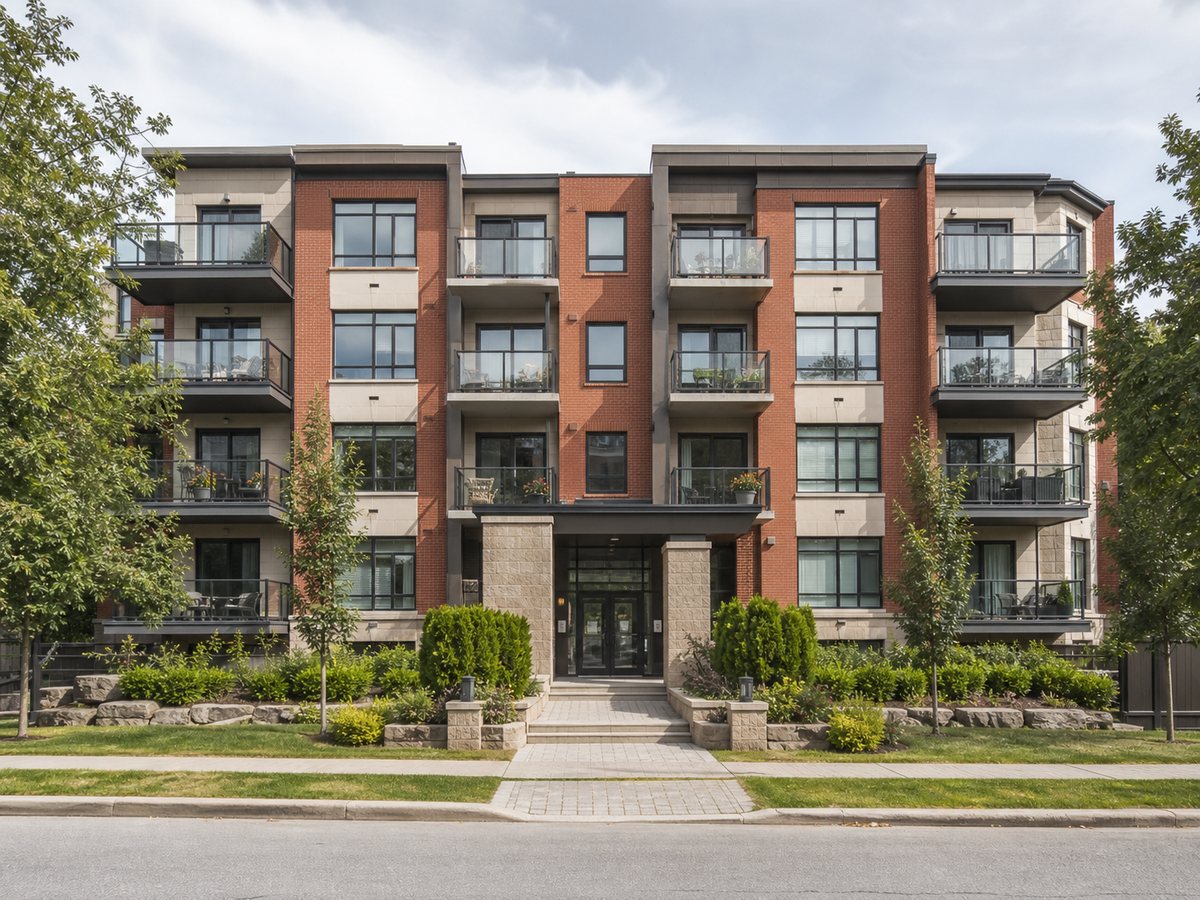 Four-storey condo building with balconies, landscaped entrance walk and mature plantings