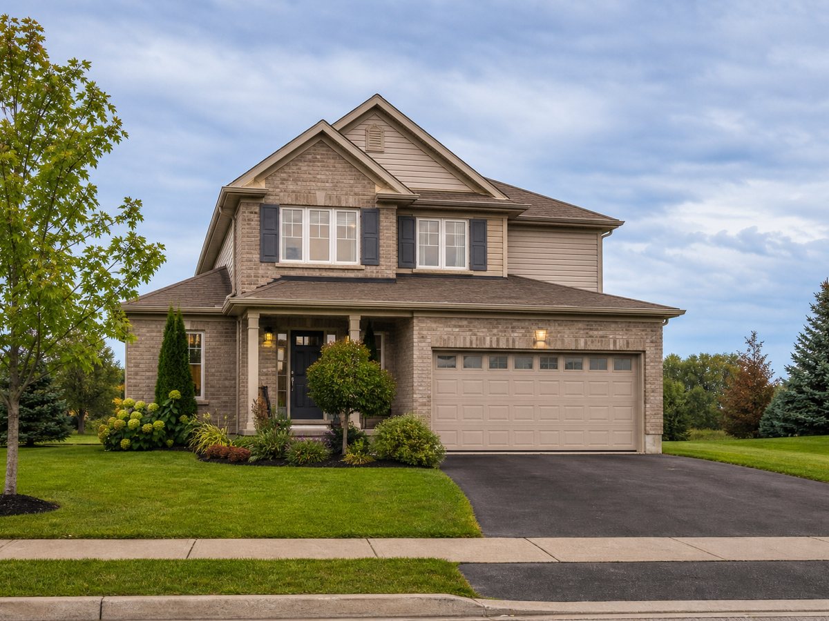 Two-storey detached house with an attached garage, front lawn and private driveway