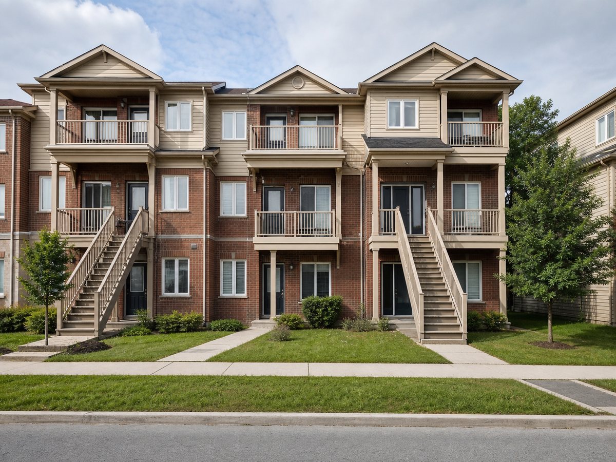 Two-level stacked townhouse block with exterior staircases leading to upper units and balconies